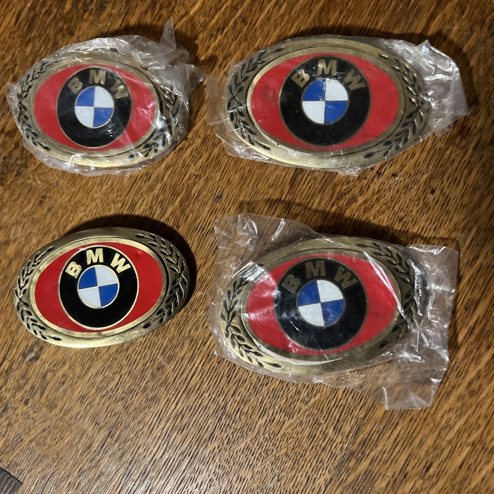 Lot of 4 Vintage BMW Belt Buckle Brass Tone Red Enamel Logo Oval Laurel Auto